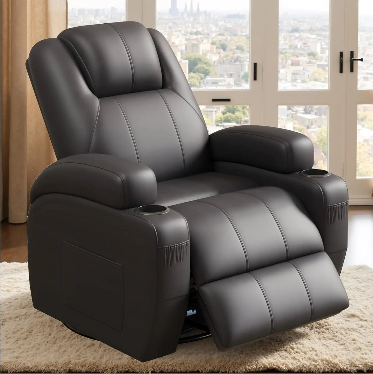 360° Swivel Recliner Chair with Vibration Massage, Ergonomic Lounge Rocker for Adults, Cup Holders & Side Pockets