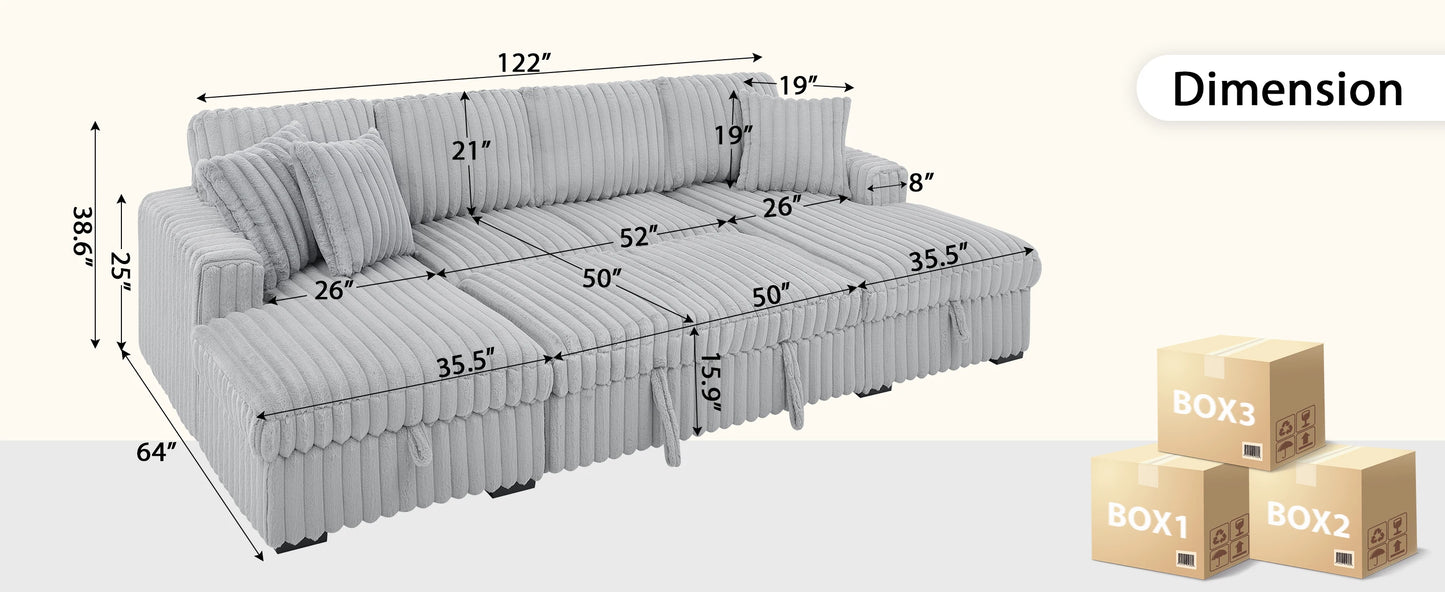 TODRANI 122 inch Overisze U Shaped Sleeper Sofa Pull Out Bed, Sleeper Sofa with Double Storage Chaise for Living Room