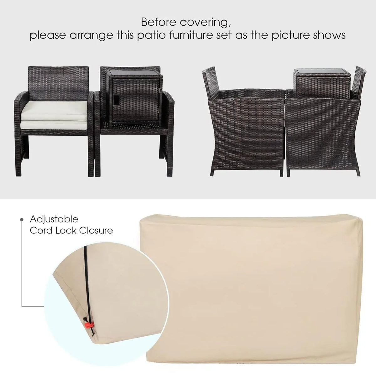 3 Pieces Outdoor Wicker Conversation Set with Waterproof Cover, 2 Patio PE Rattan Cushioned Chairs with Side Storage Table, Suit