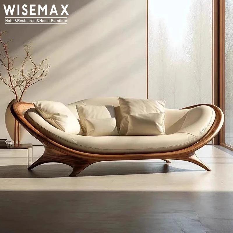 Furniture designer modern combination sofa walnut base luxury curved modular hotel bedroom leather sofa
