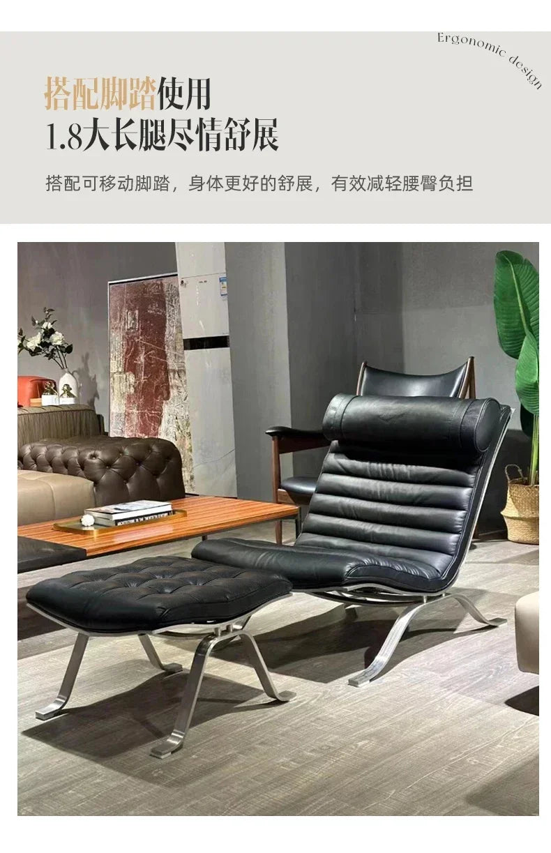 Mid-Century Modern Leather Lounge Chair, Minimalist Accent Leisure Chair with Chrome Metal Base, Retro Style for Living Room