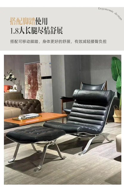 Mid-Century Modern Leather Lounge Chair, Minimalist Accent Leisure Chair with Chrome Metal Base, Retro Style for Living Room