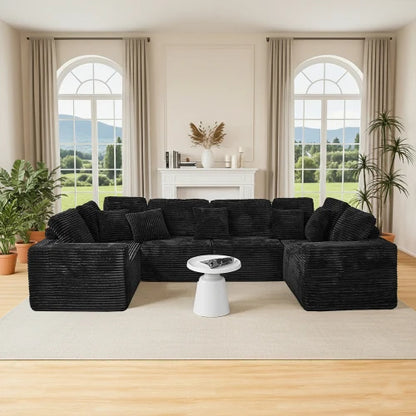 135.5-inch Modular U-Shaped Sectional Sofa, 6-Seater Chaise Lounge with Reversible Design, Striped Corduroy Fabric in Black