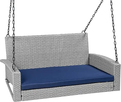 Woven Wicker Outdoor Porch Swing, Hanging Patio Bench for Deck, Garden with Mounting Chains, Seat Cushion - Gr