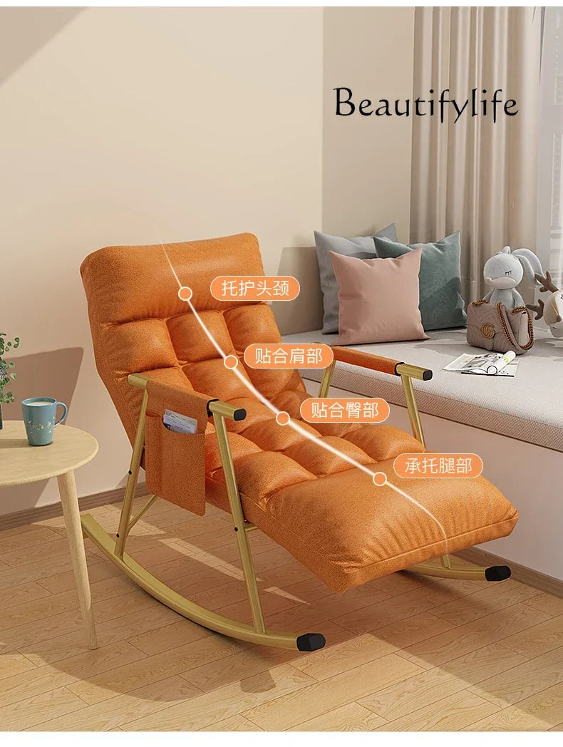 BJ Faux Leather Rocking Chair With Pedal Recliner Adult Balcony Home Folding Chair