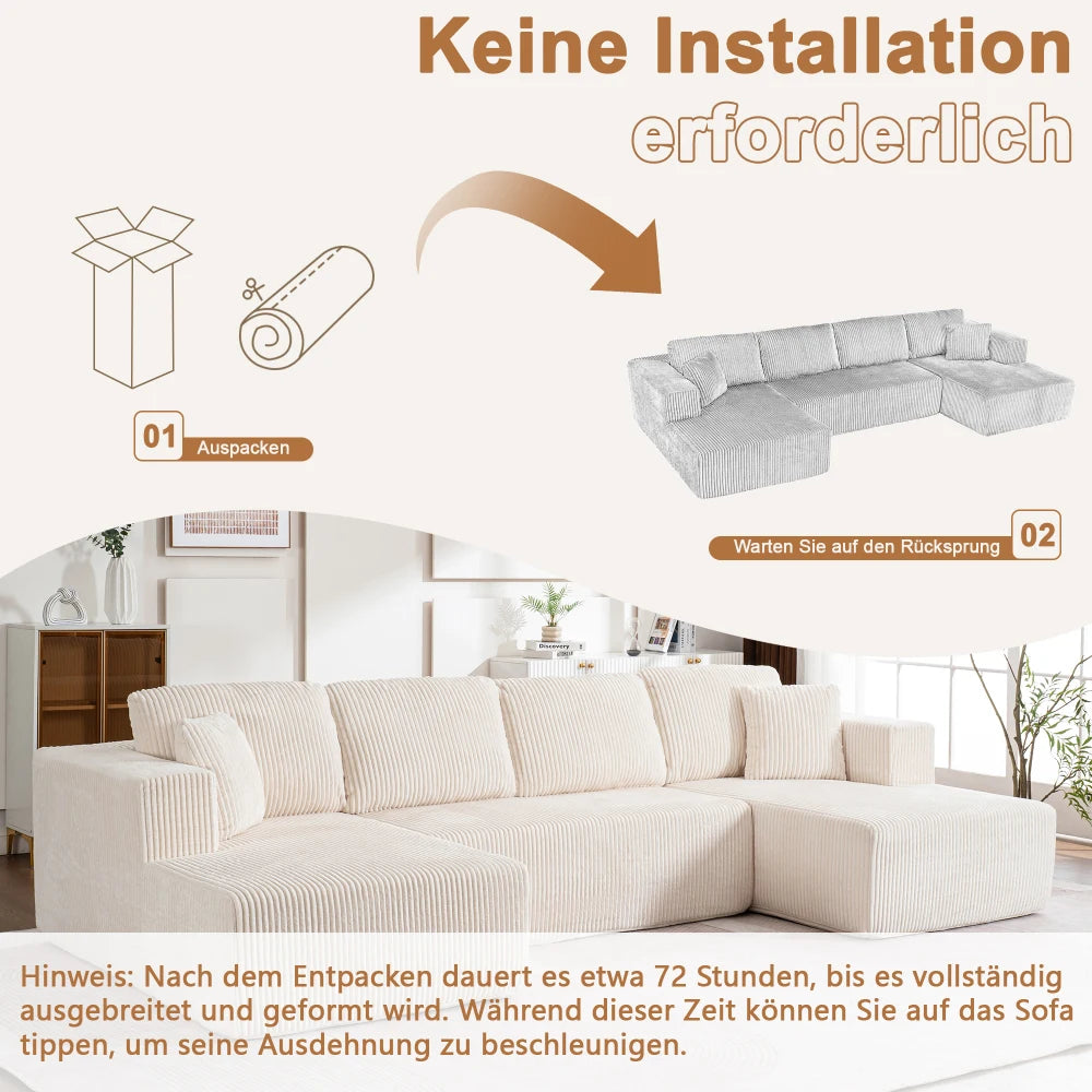 Living Room Boneless Modular Sofa, Corduroy Fabric, Modern U-shaped Leisure Sofa, High-density Sponge, No Assembly, for Home