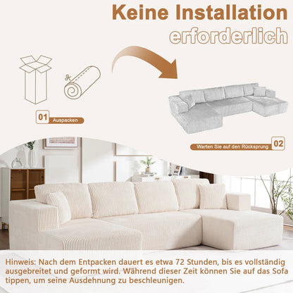 Living Room Boneless Modular Sofa, Corduroy Fabric, Modern U-shaped Leisure Sofa, High-density Sponge, No Assembly, for Home