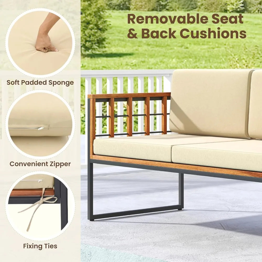 Acacia Wood Outdoor Sofa Set, 4 Pieces Outdoor Furniture Set with Heavy Duty Metal Frame, Soft Seat & Back Cushions, for Balcon