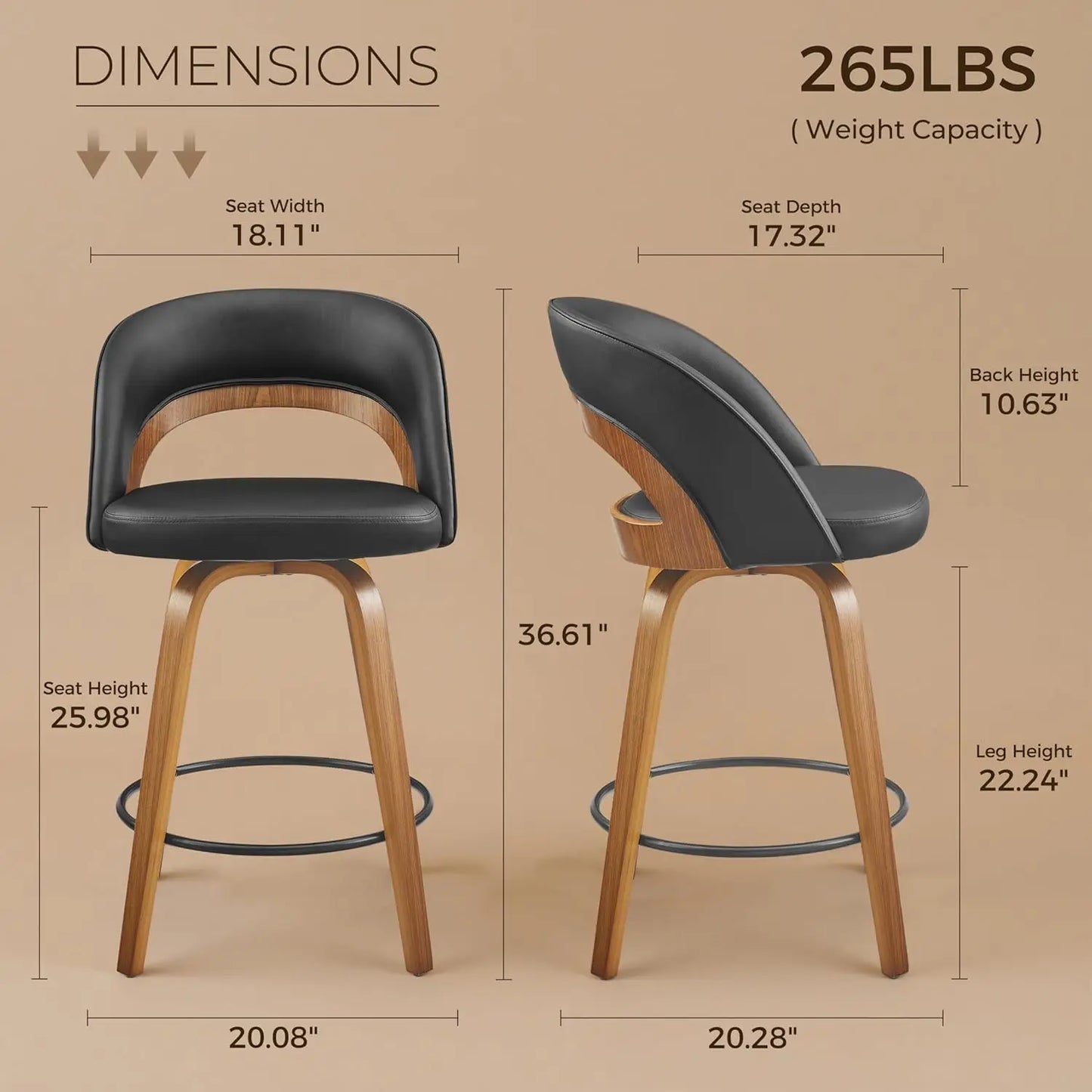Swivel Counter Stools, Faux Leather Bar Stools with Back, Wooden Counter Height Chairs for Kitchen Island Home Bar,, Customized