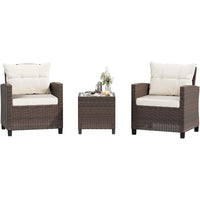 3 Pieces Patio Furniture Set 3 Pieces PE Rattan Wicker Chairs with Table Outdoor Furniture Brown Rattan with White Cushion