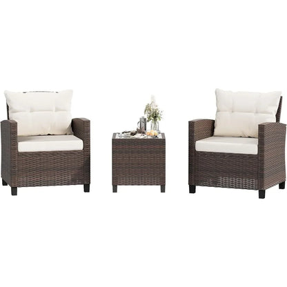 3 Pieces Patio Furniture Set 3 Pieces PE Rattan Wicker Chairs with Table Outdoor Furniture Brown Rattan with White Cushion