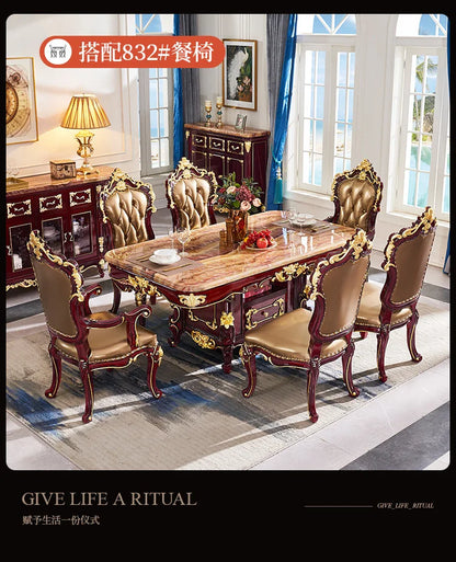 HLZ European Style Solid Wood Dining Table with Marble Top for Home Use, Villa Large Dining Table and Chair Set
