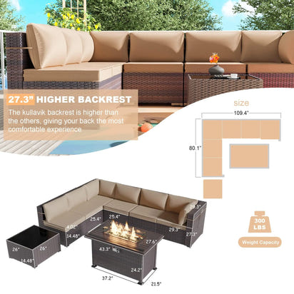 Modern Patio Rattan Sofa Set PE Wicker Sectional Sofa Set High Quality Rattan Outdoor Furniture Set with Fire Pit