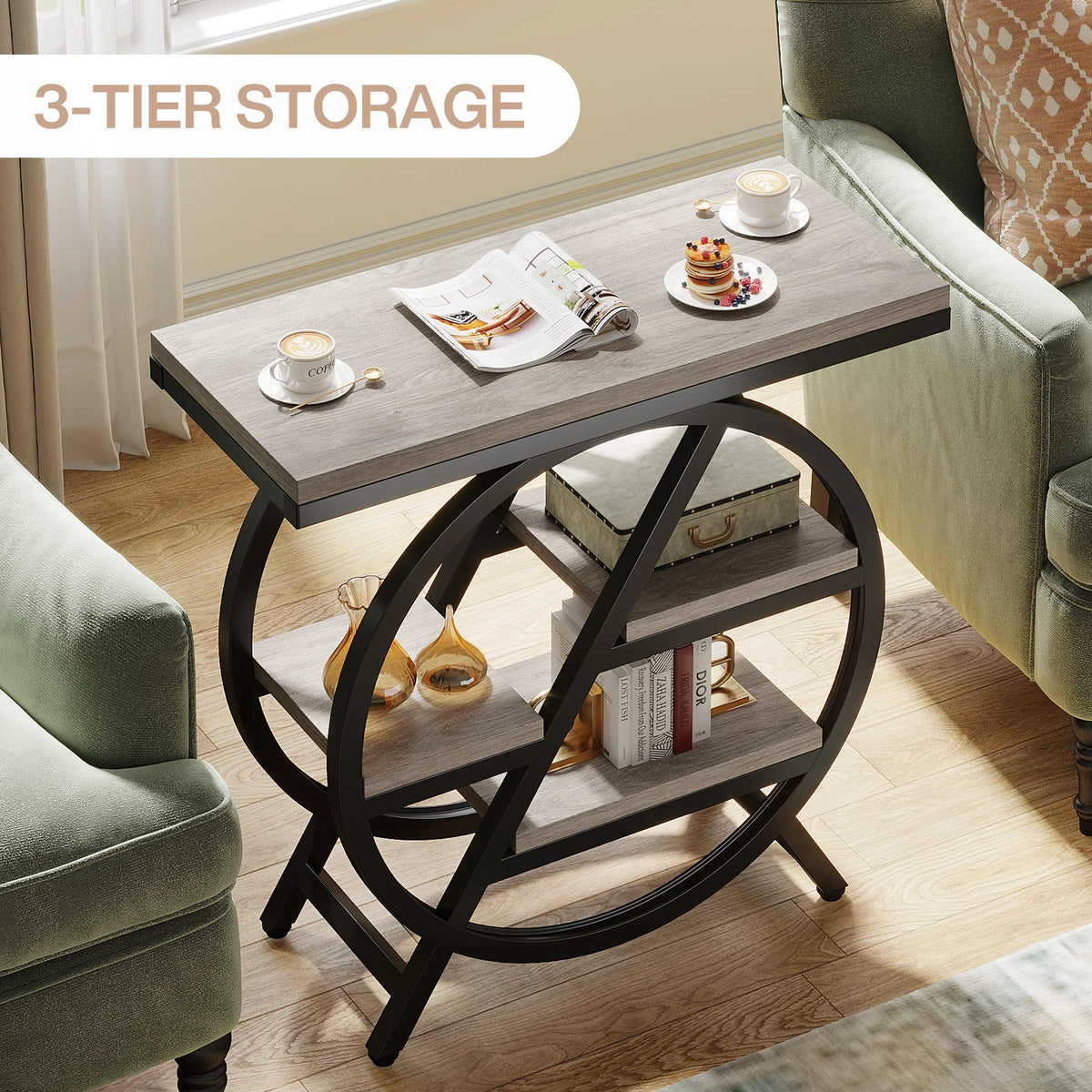 Tribesigns End Table for Living Room, 3-Tier Narrow Side Table with Storage, Wood Sofa Side Table with Geometric Metal Frame