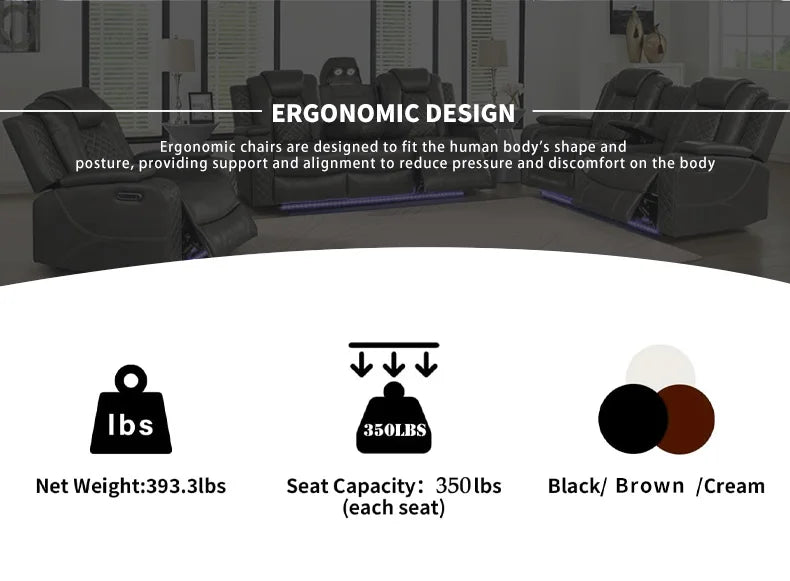 Power Reclining Sofa Couch with Wireless Charger 3 Seaters Recliner  Reading Light Leather Bluetooth Speaker Theater Seating LED