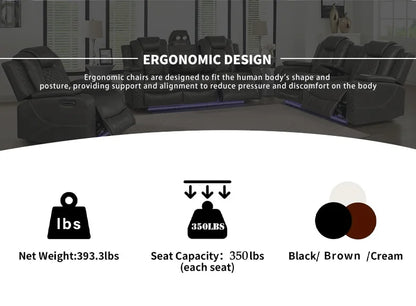 Power Reclining Sofa Couch with Wireless Charger 3 Seaters Recliner  Reading Light Leather Bluetooth Speaker Theater Seating LED