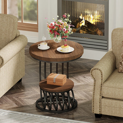 Tribesigns Gold Round End Table: 2 Tiers Faux Marble Side Table with Storage Shelf, Modern White Gold Bedside Nightstand