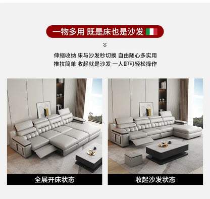 Electric function, leather sofa bed, first layer cowhide, small apartment, living room, modern, simple