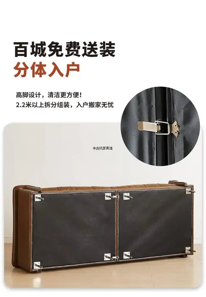 TTTTMedieval Oil Wax Leather Creative Sofa Living Room Retro Old Caramel Color Large Straight Row Sofa