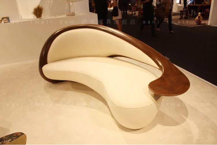 c6601 Wabi-sabi commercial sofa, three-person, curved, solid wood fabric Nordic