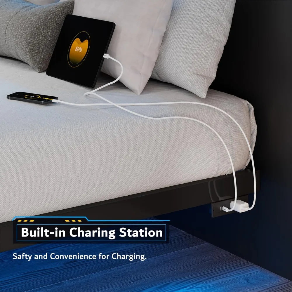 Floating Bed Frame with Charging Station and Led Light, Platform Metal Bed Frame with Heavy Duty Steel Slats Support