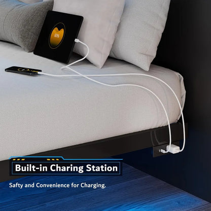 Floating Bed Frame with Charging Station and Led Light, Platform Metal Bed Frame with Heavy Duty Steel Slats Support