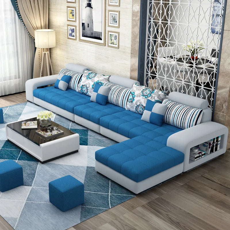 European Luxury Living Room Sofas 7 Seater U Shaped Home Furniture Wooden Fabric Armchair Corner Recliner Sectional  Sofa Set