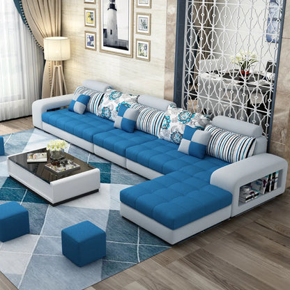 European Luxury Living Room Sofas 7 Seater U Shaped Home Furniture Wooden Fabric Armchair Corner Recliner Sectional  Sofa Set