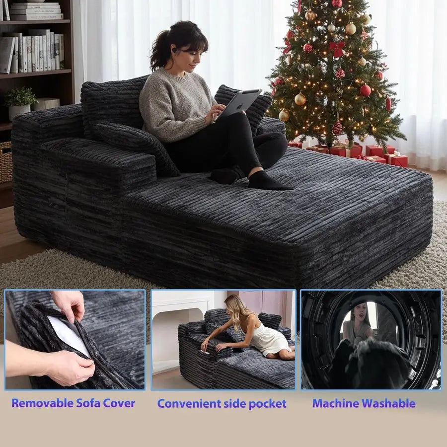 Sofa Bed with Side Pocket, 67 Oversized Corduroy Couch, Reading Chaise Lounge, Deep Seat Boneless Couches for Living Room, No A