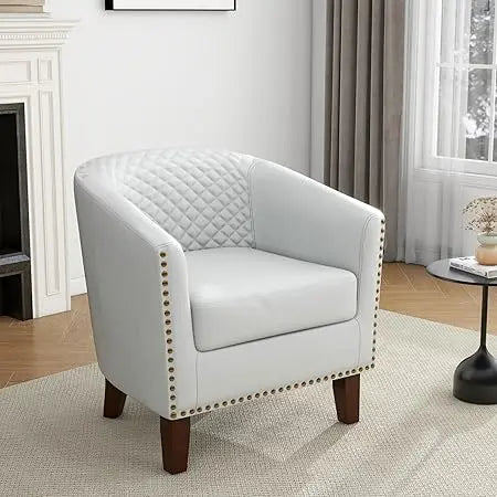Modern Faux Leather Barrel Chair - Comfortable Club Armchair with Upholstered Seat, Nailhead Trim for Living Room, Single Sofa,