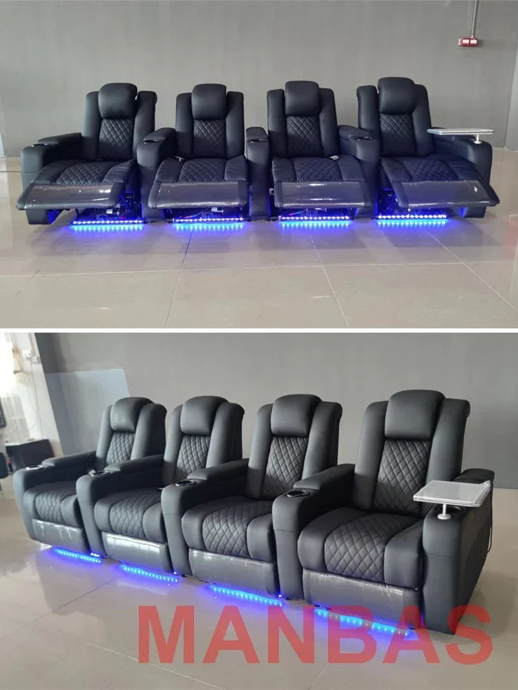 Linlamlim Luxury 3-Seat Recliner Sofa with Cup Holders, Leather Home Theater Seating, Cinema Recliner Couch with Center Console