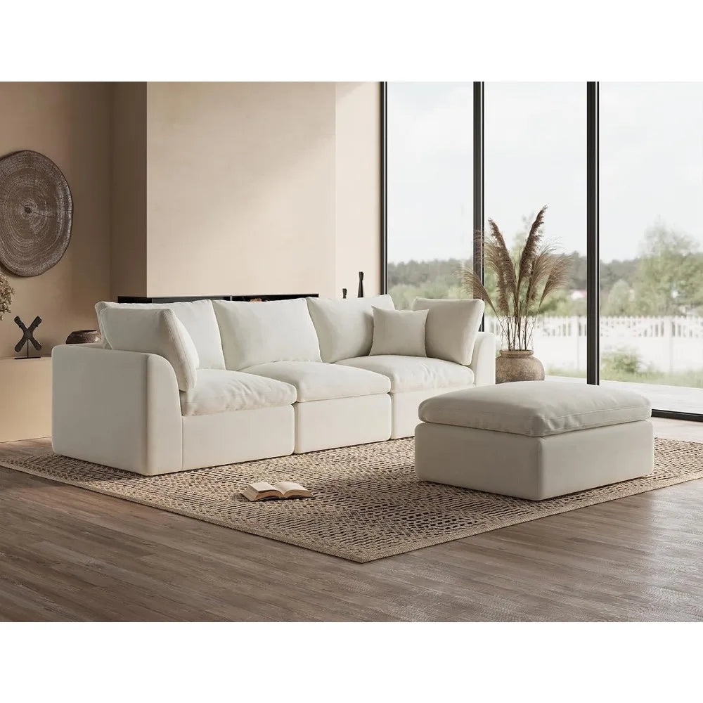 White cloud shaped sofa with L-shaped lounge chair, modern modular sofa with deep seat, suitable for living room, bedroom
