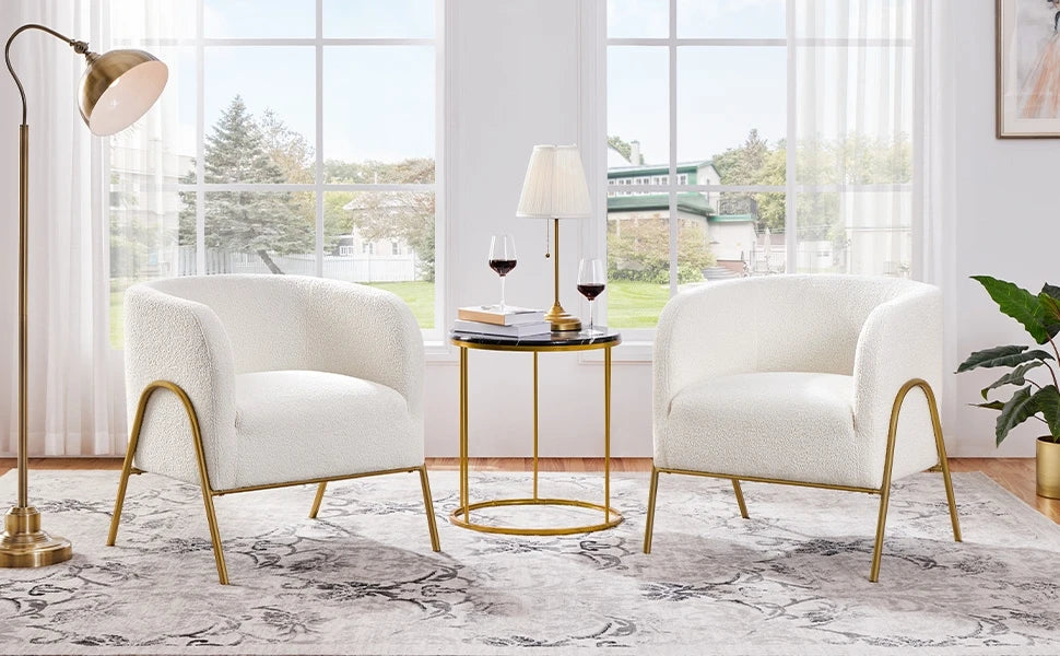 Set of 2, Armchair Set, Side Chairs for Living Room, Boucle Fabric Vanity Chairs with Gold Legs for Bedroom Office Readig Nook