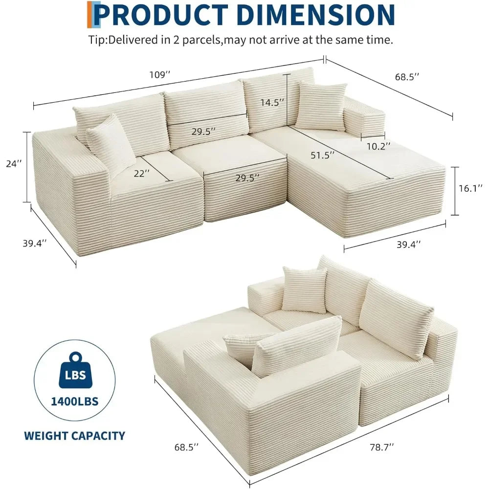 118" Compressed Sofa for Living Room L Shaped Boneless Couch, Modular Sectional Sofa, Sofa Bed Memory Foam Couches with Chaise