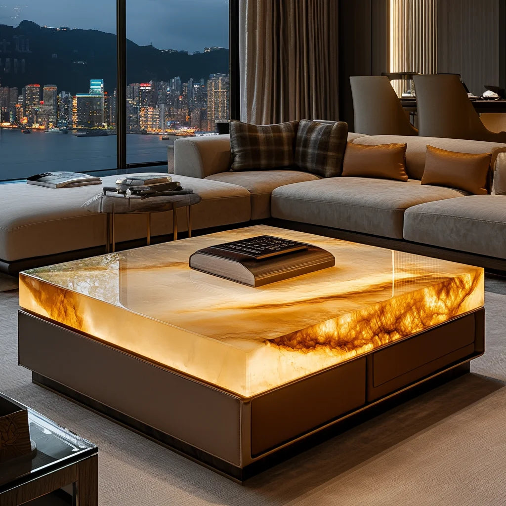 Leather luminous jade coffee table custom marble large flat-floor villa living room luxury stone modern home LHY26