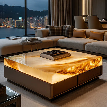 Leather luminous jade coffee table custom marble large flat-floor villa living room luxury stone modern home LHY26