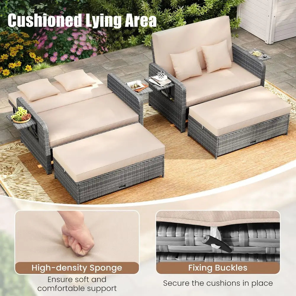 Moccha Outdoor Daybed, Wicker Loveseat Sofa Set with 4Postion Adjustable Backrest, Storage Ottoman, Cushions, Rattan Double Bed