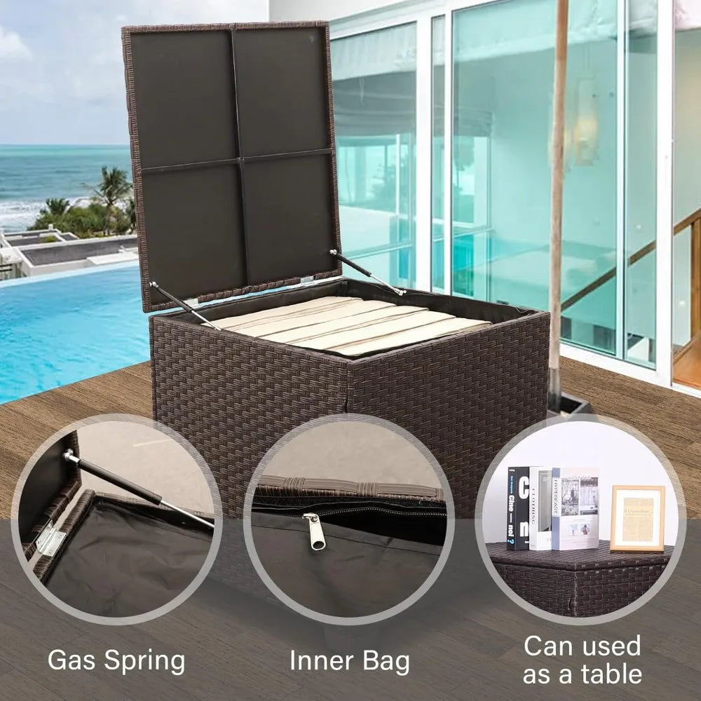 4-Piece Outdoor Brown Wicker Sectional Sofa Set with Storage Table and Khaki Cushions