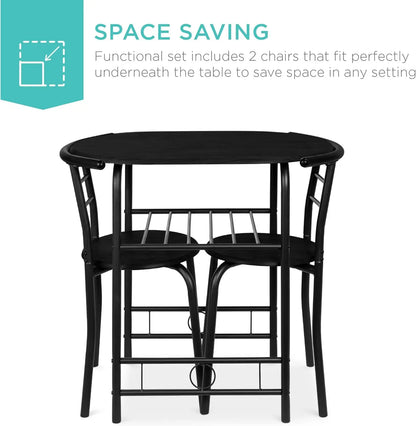 NICE 3-Piece Wooden Round Table & Chair Set for Kitchen, Dining Room, Compact Space w/Steel Frame, Built-in Wine Rack - Black