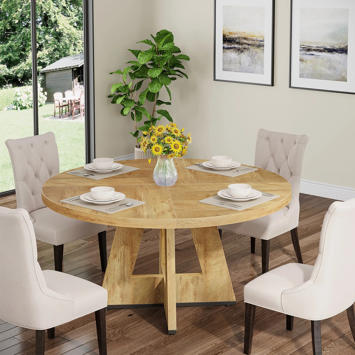 Tribesigns Round Dining Table for 4, 47 Inch Farmhouse Kitchen Table Small Dinner Table Kitchen Dinning Table for Dining Room
