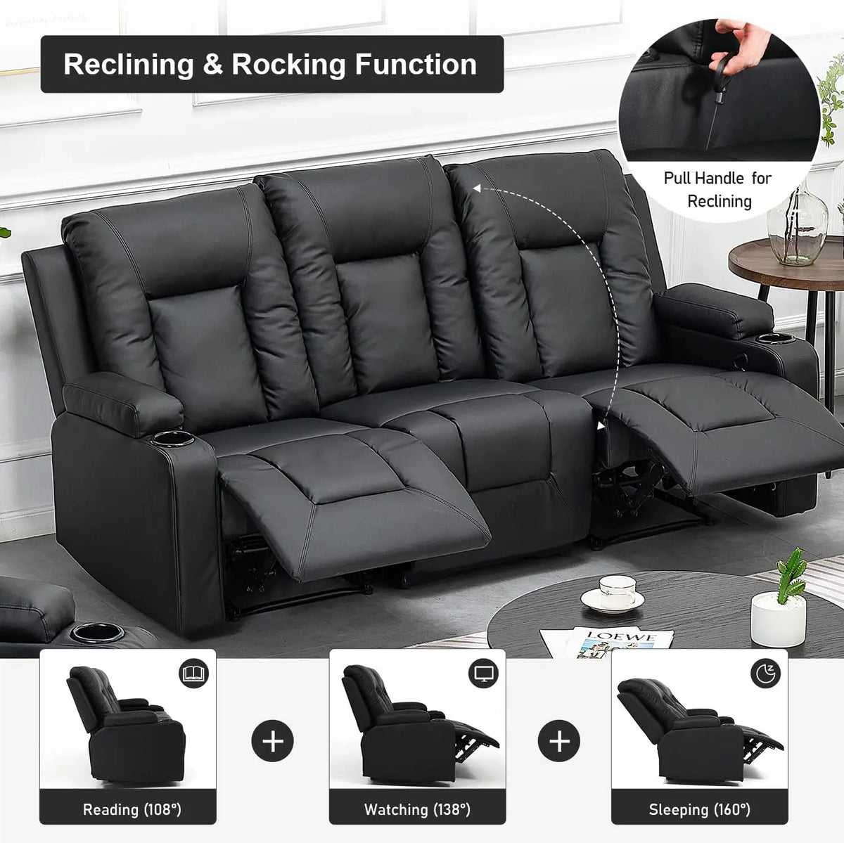 Recliner Chair Set, Leather Recliner Living Room Furniture Sets, Recliner Sofa Loveseat (Black,Living Room Set 3+2+1)