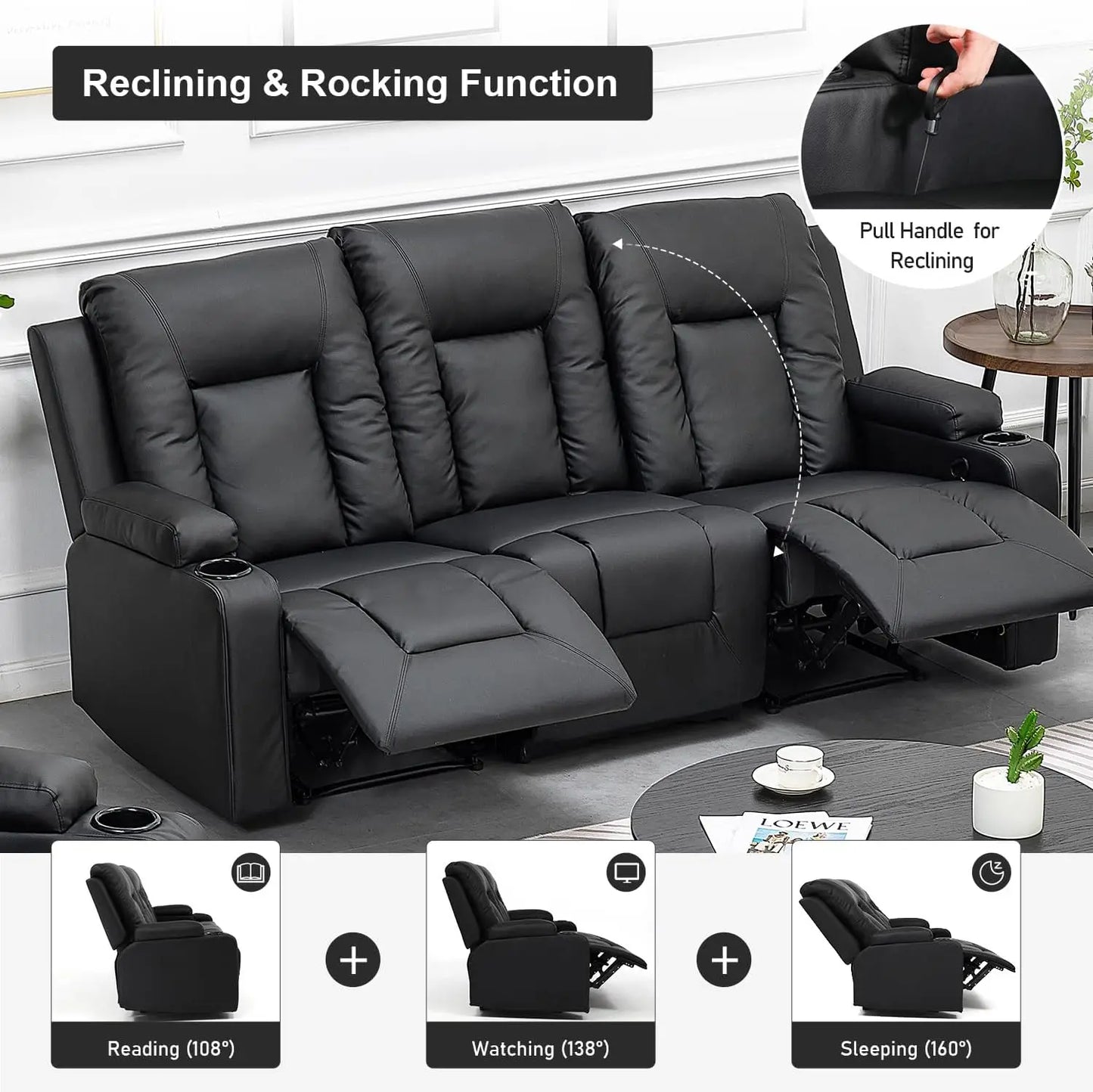 Recliner Chair Set, Leather Recliner Living Room Furniture Sets, Recliner Sofa Loveseat (Black,Living Room Set 3+2+1)