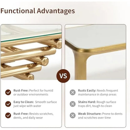 Rectangular Modern Gold Coffee Table with Tempered Glass Top and Stainless Steel Legs for Living Room
