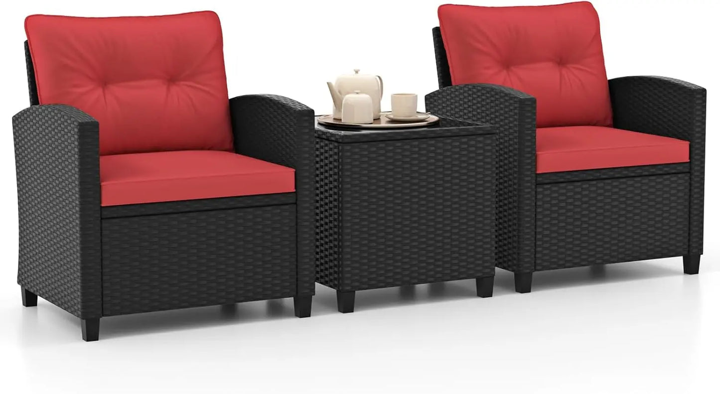 HAPPYGRILL 3 Pieces Patio Conversation Set, Outdoor Furniture Set PE Rattan Sofa Set with Removable Cushions, PE Wicker Chairs w