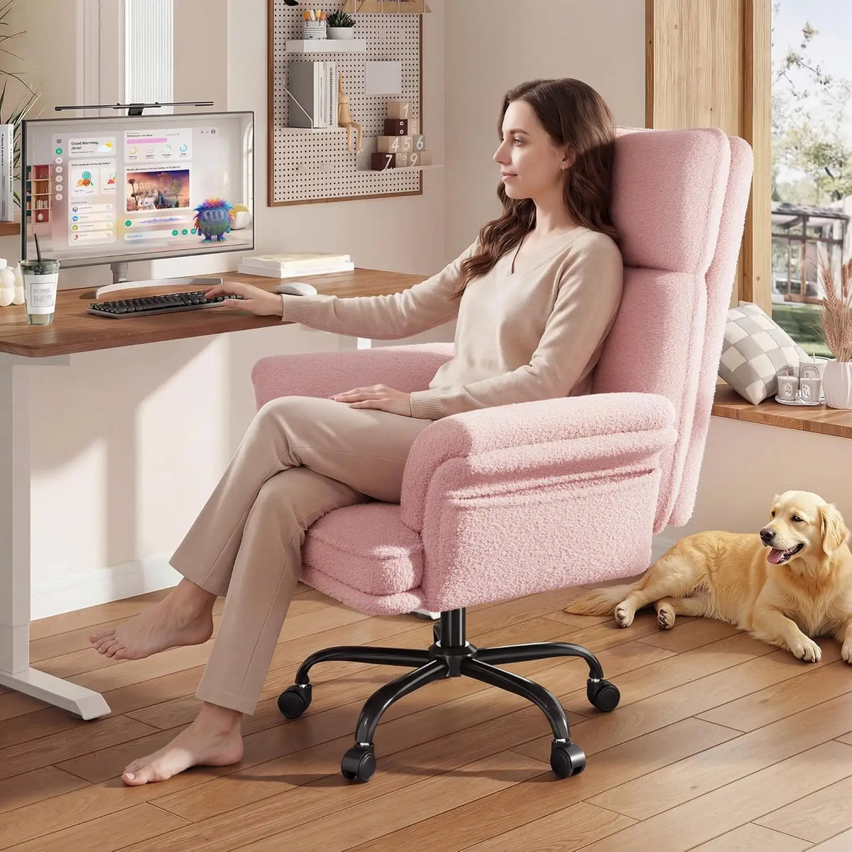 Big and Tall Office Chair with Adjustable Armrests & Wheels，145° Reclining Desk Chair Comfy,Pink Vanity Chair for, Customized