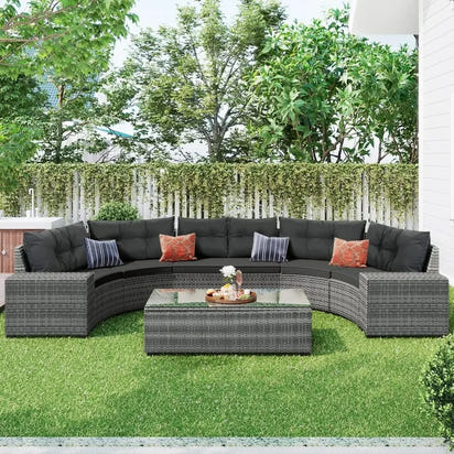 8-Piece Outdoor Patio Conversation Set, PE Rattan Wicker Half-Moon Sectional Sofa, All-Weather Seating for Gardens and Patios
