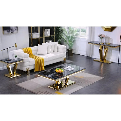 Gold Coffee Table, Modern Coffee Table with Four Geometric Mirror Bases, Rectangular Tea Table with Metal Frame, 48" Modern Cof