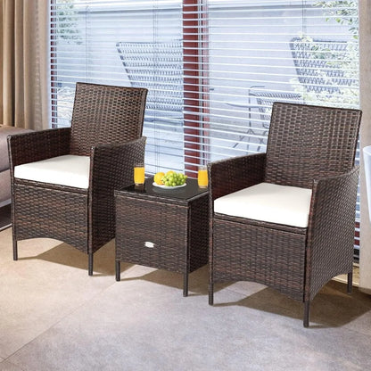 3 Pieces Rattan Patio Bistro Set, PE Wicker Furniture Set Outdoor Conversation Set with Coffee Table & Soft Cushions