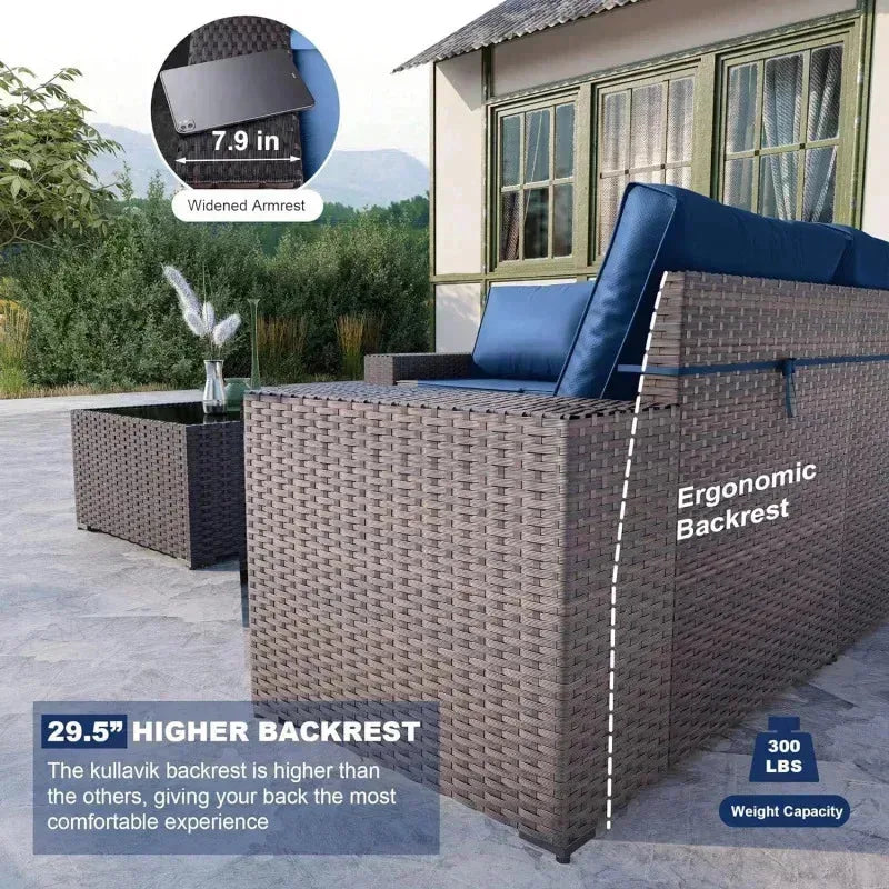 YND6-WQQkulavik 6PCs outdoor furniture set PE Wicker rattan sectional sofa patio conversation sets. navy blue