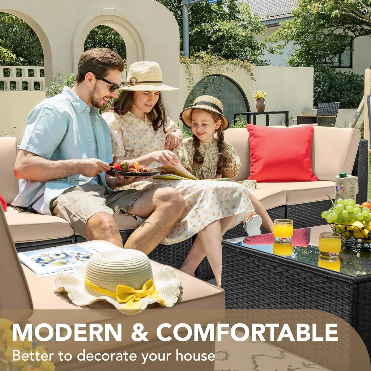 Sectional Sofa Patio Furniture Sets Manual Weaving Wicker Rattan Patio Conversation Sets with Cushion and Glass Table